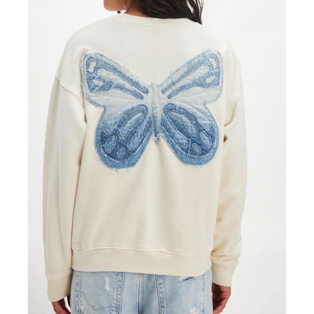 Tricia Fix Free People Indigo Patchwork Butterfly Crewneck Sweatshirt Small‎ New